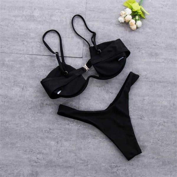 2PCS Bikini Women Set Solid Color Wire Padded V-Shaped Back Buckle Bra High Waist Panty Summer Swimming Set Underwear T260604