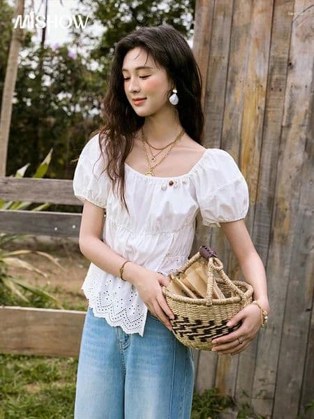 Women's Blouses MISHOW French Summer Casual 2026 Solid Short Sleeve Hem Hollow Cotton Tops Loose Collar Beading Blouse MXE33X1776