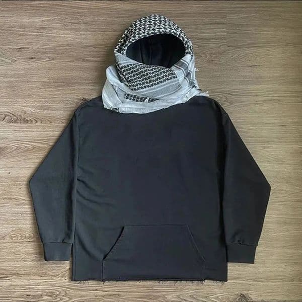 Y2k hip-hop style black cut hoodie with Arabian desert scarf set worn hem suitable for street retro fashion hoodie 260603