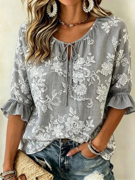 Women's Blouses Grey White Floral Embroidery Tie Neck Blouse Casual Loose Tops For Spring Summer Daily Wear & Vacation Occasions