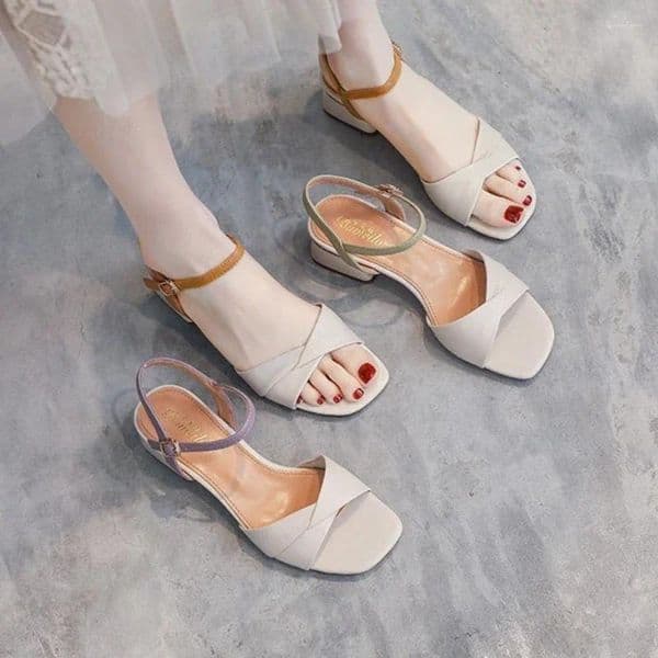 Sandals Women's Block Heel For Office Work Open Toe Chunky Mid Ladies Shoes Green Leather