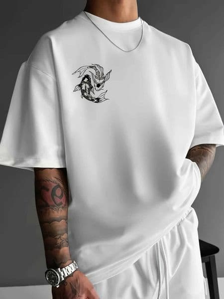 Japanese Black Characters Printed 100 Cotton Mens T-shirt Street Comfortable Trendy Fashionable Daily Mens Round-neck T-shirt D260604