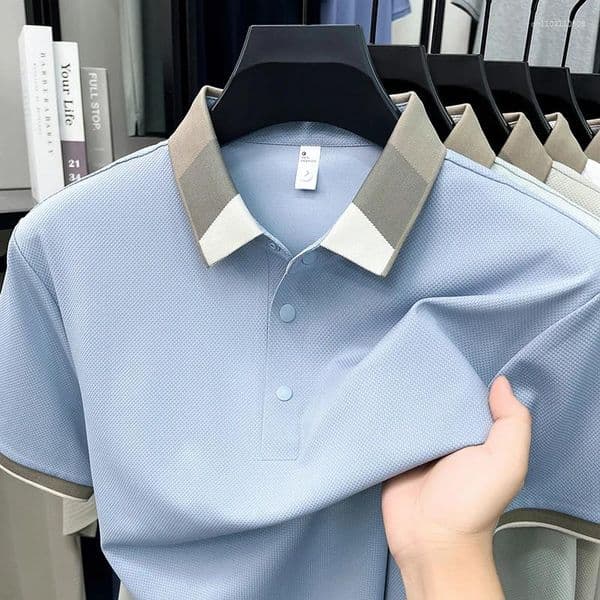 Men's Polos Fashion Ice Silk Breathable Short Sleeve Polo Shirt Summer High-end Luxury Color Blocked Lapel T-shirt Casual Clothing