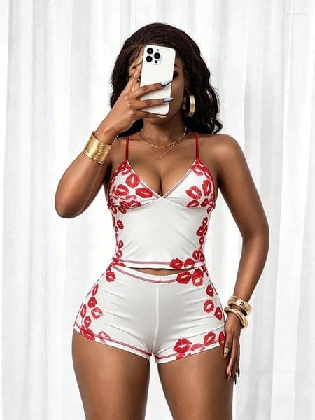 Women's Tracksuits Nibber Simple Art Print 2-Piece Set Women V-Neck Backless Camisole Elastic Waist Short Sexy Midnight Street Fashion