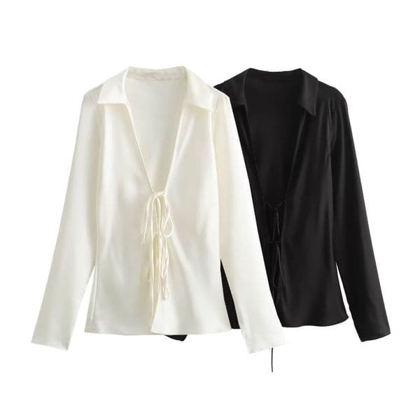 Chic Women's Ensemble - Smooth Silk Satin Pant Suite Featuring Eye-catching Ribbon Embellishment