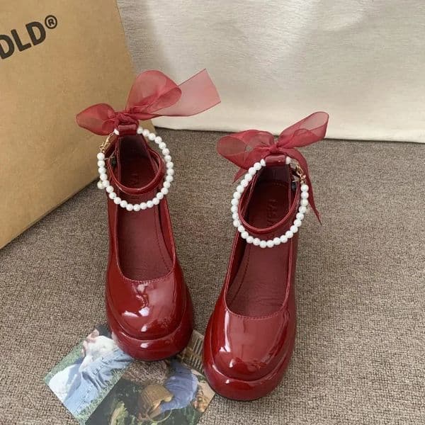 Mary Jane Shoes Womens Spring Ultra-high Heel Pearl Chain with Platform Block Heel Wedding Shoes Lolita Shoes 260604