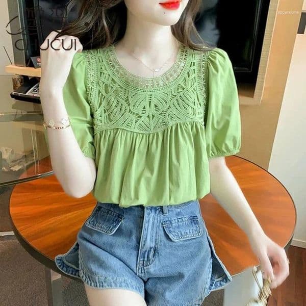Women's Blouses Office Lady Lace Patchwork Loose Solid Shirt Tops Women Clothing Short Sleeve Simplicity Elegant Blouse Fashion Trend Summer