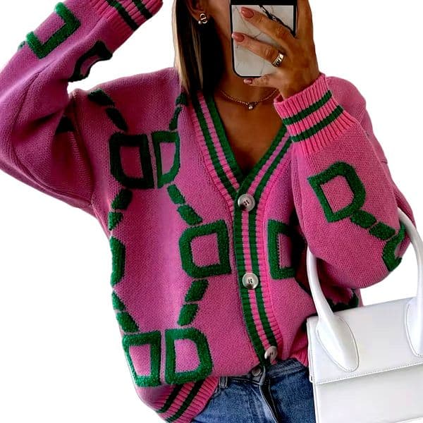 Pink and green contrast chain jacquard knitted cardigan, vintage V-neck loose sweater jacket