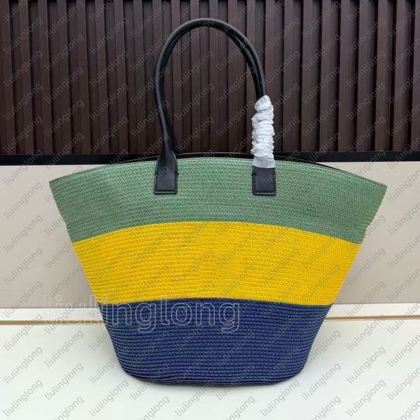 Designer Bag Multicolor Block Striped Straw Woven Tote Bag Pvc Handle Large Capacity Beach Handbag Multicolor Patchwork Summer Shopping Shoulder Purse