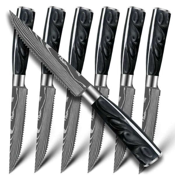 Stainless Steel Serrated Beef Damascus Pattern Dinner Tablewares Steak Knives Cutlery Table Knife Set W260604