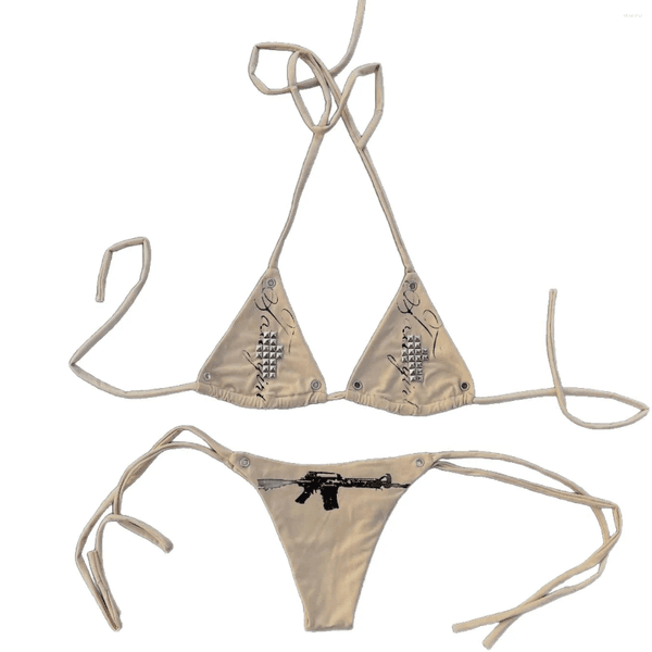 Women's Swimwear Dark Style Studded Bikini Set With Triangular Hanging Neck And Gun Print Strap Swimsuit