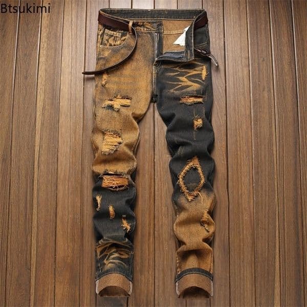 Retro Jeans Mens Ripped Straight Leg Pants Fashionable Casual Trousers Male Street Wear Clothing 260602