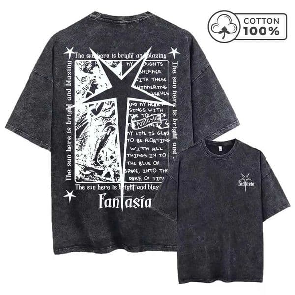 Mens Distressed Pure Cotton Washed T-Shirt With Fantasia Star And Text Print Short Sleeve Loose Fit Casual Daily Wear Gym Top C260604