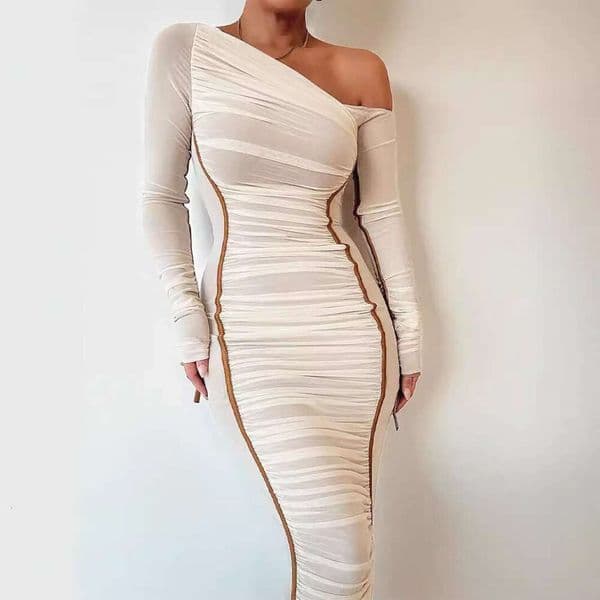 2025 Spring New Women's Long Sleeve Mesh Patchwork Asymmetrical Shoulder Mid-Length Fashion Pleated Dress for Women