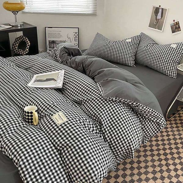 Japanese Style Check Queen Quilt Set 1/3 Pcs Soft Washed Cover and Pillowcase or Only Duvet Covers Skin-friendly 26L0605