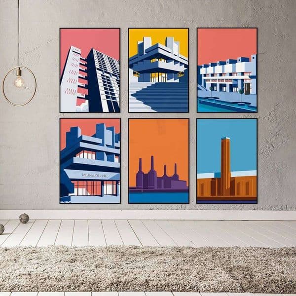 Battersea power station,Trellick Tower,Tate Modern, London Barbican poster print, Brutalist architecture wall art 26L0605