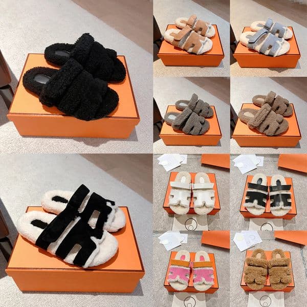 H Sandals Designer Shoes Trendy Female Black Plush Lamb Fur Open Toe Slippers Two Band Design Soft Bottom Warm Winter Casual Home Street Wear Furry Slides