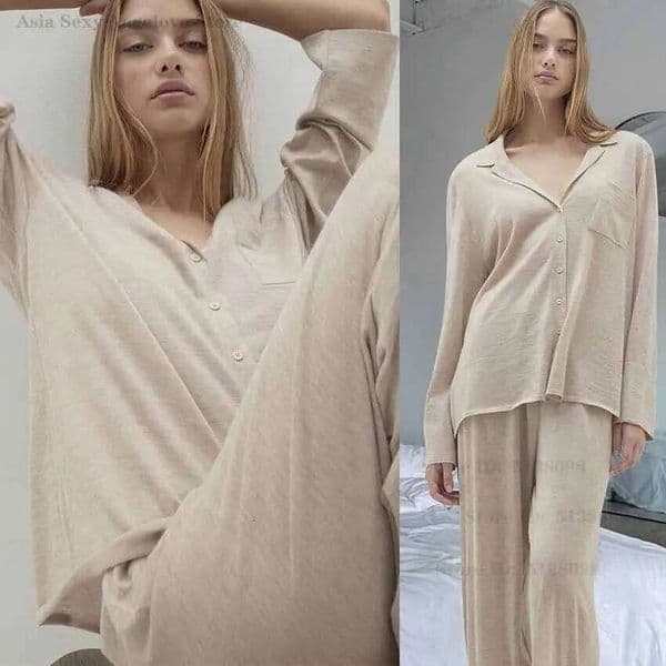 Summer New Women Knit Pajamas Elegant 2 Pcs Sleeve Shirt & Long Pants Nightwear Minimalist Fashion Home Wear Sleepwear 26W0605