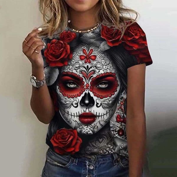 Womens T-shirt for Girls Summer Fashion Short Sleeve Sexy Girls Clothes Day of the Dead Undead Skull Pattern oversized T-shirts C260605