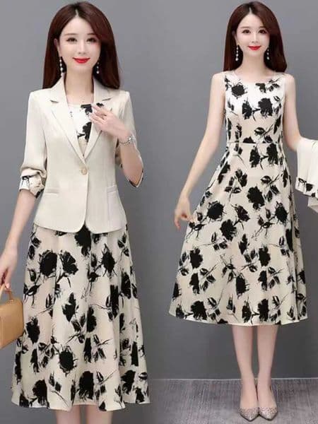 Floral Print Dress And Vest TwoPiece Set for Women Korean Style Loose Fit High Waist Autumn Fashion plus Size Outfit 260601