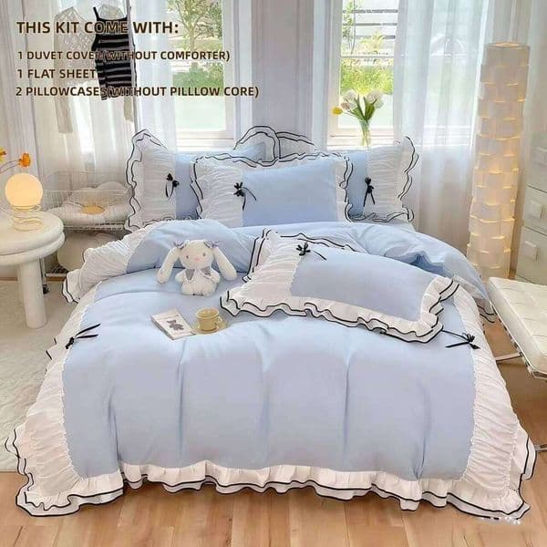4pcs Blue Bow Duvet cover set (1*Duvet Cover + 2*Pillowcase+ 1flat sheet) Bedding Set, Soft Comfortable 26L0605