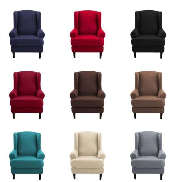 Solid Colour Wing Chair Covers Stretch Wingback Armchair with Seat Cushion Cover Elastic Removable Sofa Couch Protector 26Y0605