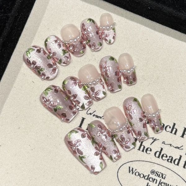 10pcs Handmade Press On Nails Hand-painted Flower Glossy Purple Cats Eye False Nails Pearl Decor French Style Spring Fake Nail 260605