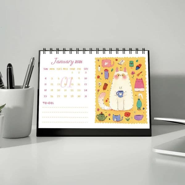 1pc 2026 Calendar Cartoon Hand Drawn Cat Theme Desktop Standing Desk Perfect Gift for Birthdays Holidays 260605