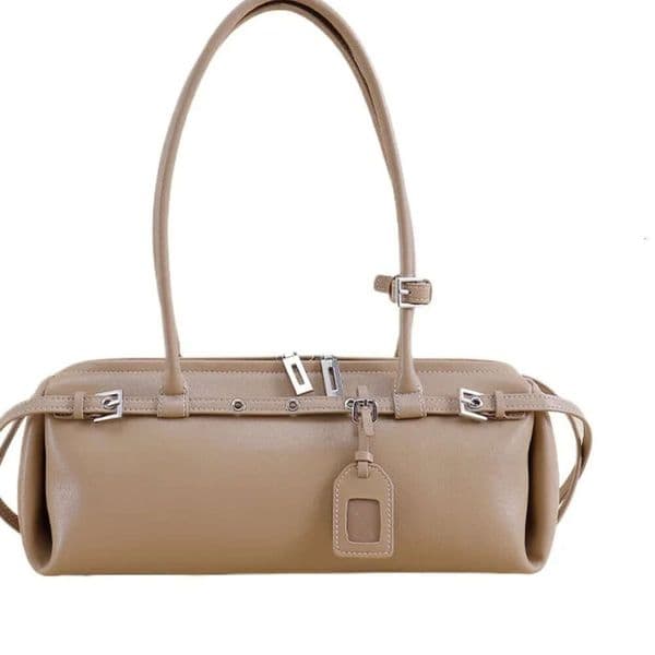 Strict Select High Quality Cow Leather Horizontal Bowling Tote Niche All Purpose Leisure Kakhi Color Women Long Handle Handbag