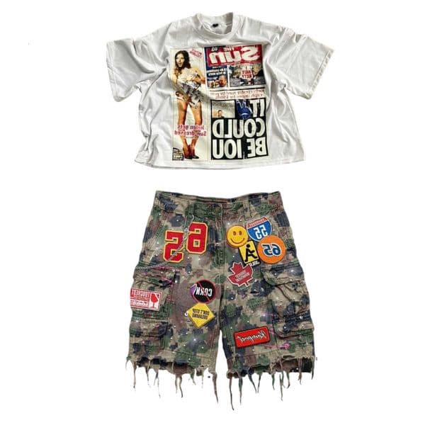 Blue Patchwork Denim Short Retro Y2k Jeans Men Women Hip Hop Streetwear Cartoon Graphics Loose Camo Denim Fitness Casual Shorts M260605