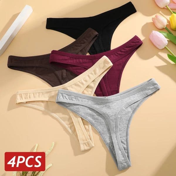 4PCS/Set Women Cotton Panties Seamless Low Rise Thongs V-Waist Solid Color Breathable Underwear Female Soft Lingerie Intimates 260605