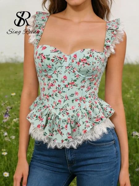 SINGREINY Women Vacation Floral Print Top 2026 Strap Tummy Control Lace Spliced Sexy Camisole sweet Bohemian Corset Tank 260601