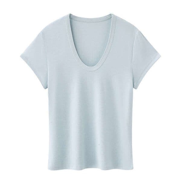 Simple And Versatile Slim-Fit Short-Sleeve T-Shirt With Small Flutter Sleeves, 2026 New Fashion Trend, Korean Style Solid Color U-Neck Short-Sleeve For Women E1b