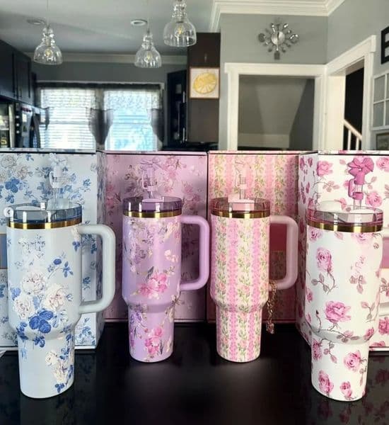 1 2026 US STOCK 40 OZ Blue Magnolia Pink Rose Lilac Floral Cups 40Oz Stainless Steel Tumblers With Handle perfume Lid cologne And Straw Travel Car Mugs Water Bott 16 thumbnail 2