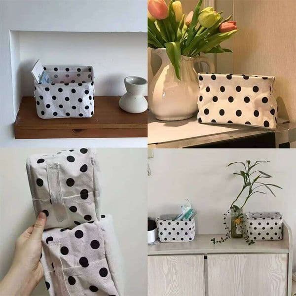 1pc Cute Black & Polka Storage Box with Handle - Modern White Open-Top Organizer, Durable Fabric Desktop Organizer 26W0605