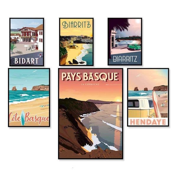 Vintage Travel Poster Eguzkilore Anglet Bidart Biarritz Basque Country Coast Sunset Ocean Surf Landscape Decor Wall Art 26L0605