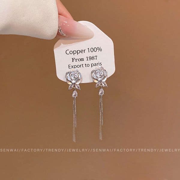 Designer Jewelry Luxury Jewelry Korean-Style Camellia Long Tassel Earrings For Women, Niche Design With An Elegant Sophisticated Feel, Fashionable And Versatile