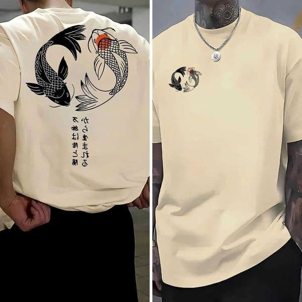 Harajuku Koi Pattern Japan Men Women T-shirt Summer Casual Cotton Y2K Strt Retro Daily Simple Loose Run Short Slve D260605