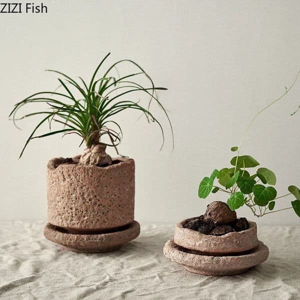 Handmade Ceramic Flower Pot with Base Tray Green Plant Pots Vase Garden Planters Desktop Flowerpot Supplies 260601
