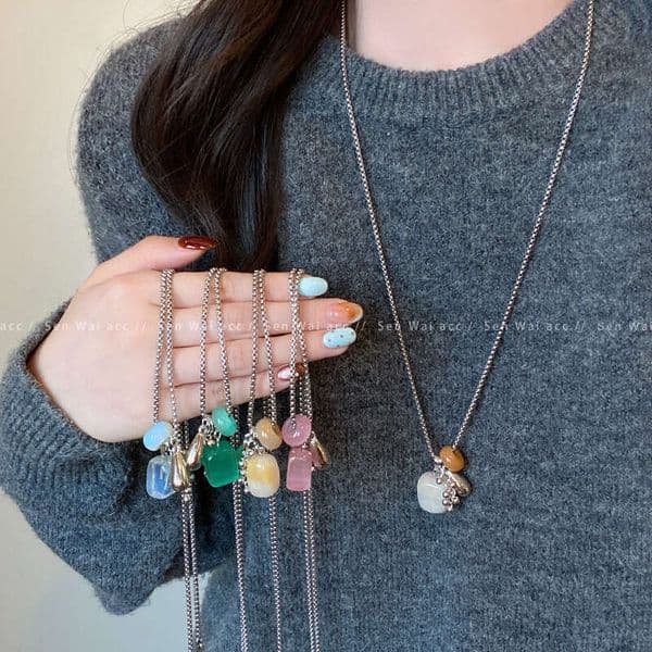 Designer Jewelry Luxury Jewelry Colorful Stone Long Necklace For Women, Light Luxury, Unique Style, High-End Sweater Chain, Autumn-Winter Fashion Versatile