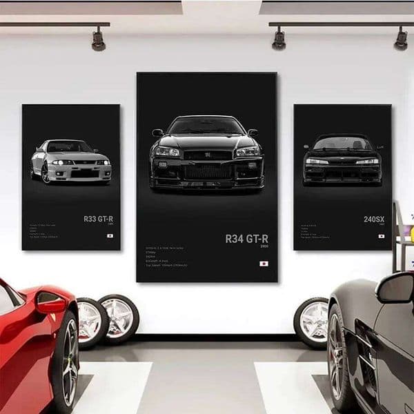 Popular Black and White Japanese Luxury Supercar Poster Aesthetics R34 Gtr 240sx Canvas Painting Print Garage Decoratio Wall Art 26L0605