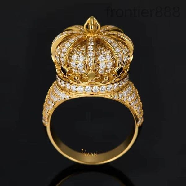 rotatable Dazzling 10K Solid Gold Crown King Ring with Moissanite Stones Iced Out Hip Hop Jewelry for Mens Streetwear and Party Wear