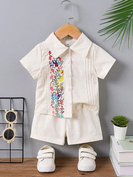 Baby Boy Beige Outfit Floral Embroidery Collared Shirt Shorts Summer Casual Set 260605