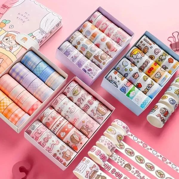 20 Rolls Boxed Kawaii Washi Tape Set Cute Cartoon DIY Masking Grid Sticky Note Paper for Scrapbooking Journaling 260605