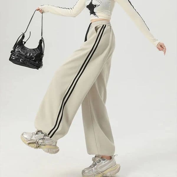 Women Stripe Chic Straight Pant Autumn Spring Retro Sports Sweatpants High Waist Color Blocked Trouseres Lady Casual Streetwear 260605