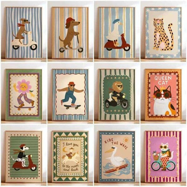 Whimsical Skateboard Dog Dachshund Canvas Cartoon Funny Animal Print Bedroom Nursery Wall Art Home Decor Poster 26Y0605