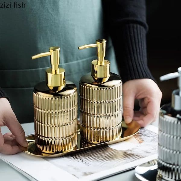 Gold Plated Stripe Ceramic Soap Bottle Empty Bottle Soap Dispenser Lotion Bottle Shower Gel Shampoo Bottles Bathroom Accessories 260605