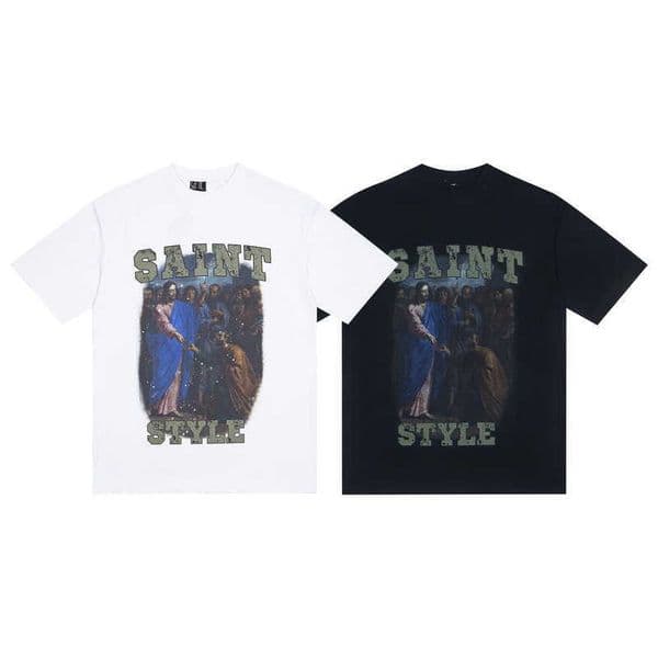 American-style SAINT MICHAELS Oil Painting Print T-shirt High Street Loose Fit Unisex Casual Pure Cotton Short Sleeve Summer