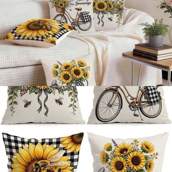 And White Plaid Sunflower Black Design Cushionscase Polyester Cushion Cover Throwcover Home Car Sofa Decor L260606