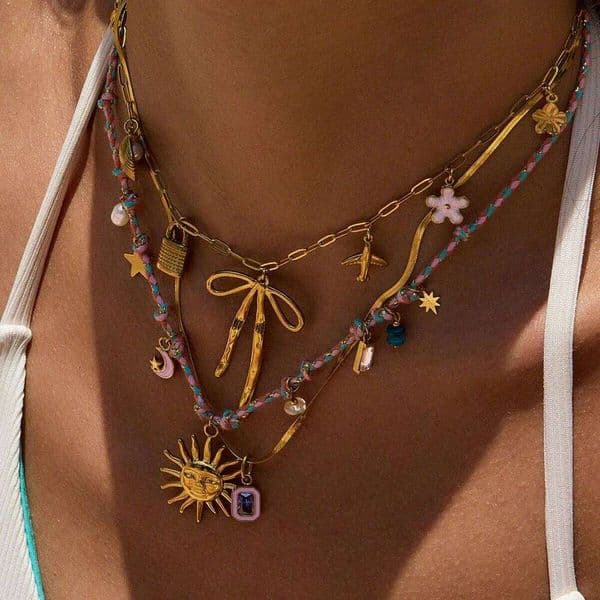 Uworld Ocean Vacation Style 18K Gold Color Plated Stainless Steel Natural Stone Freshwater Pearl Pink Colored Rope Necklace Wome